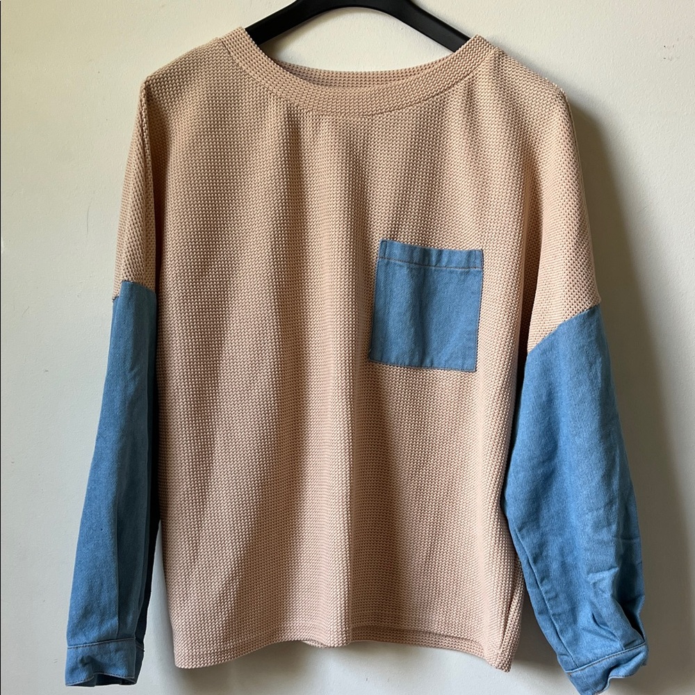 Loemes “Tan” and Blue Denim Crew Neck Sweater